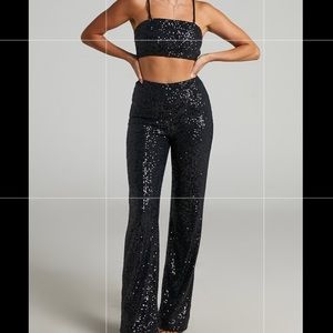 Black sequin pants sand top coord